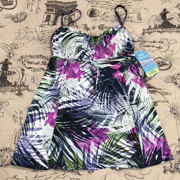 Swim Solutions Empire-Waist Printed Swimdress - Picture 4 of 10